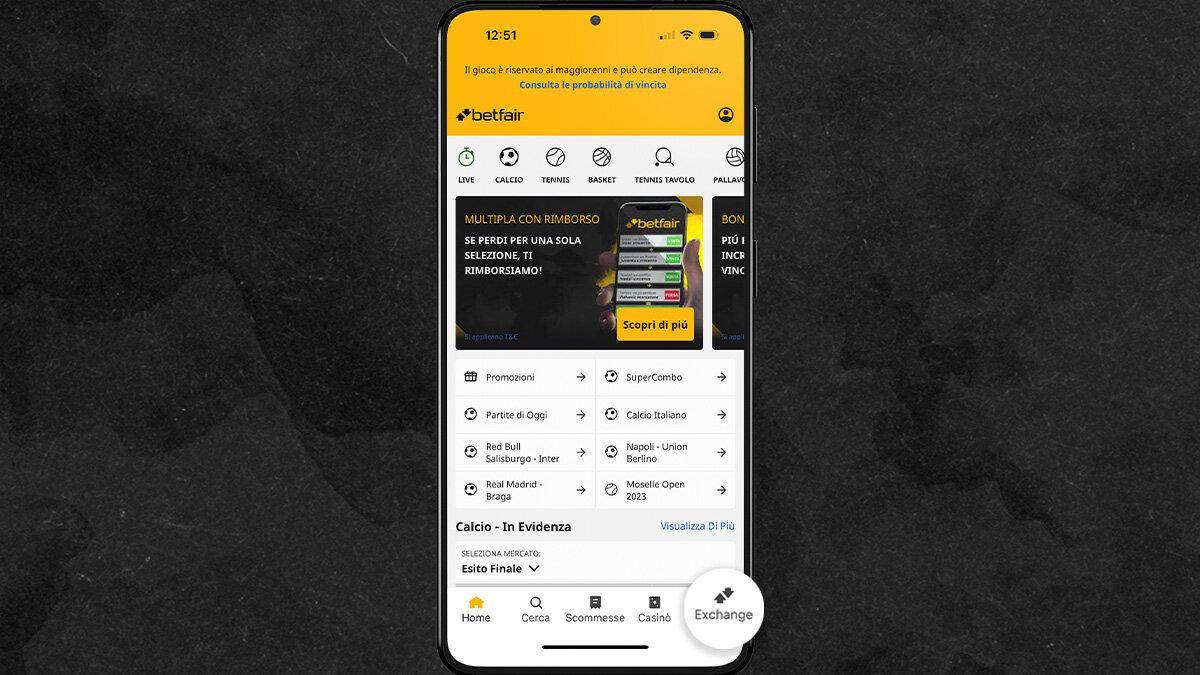 Una schermata Exchange di Betfair all'interno della app mobile